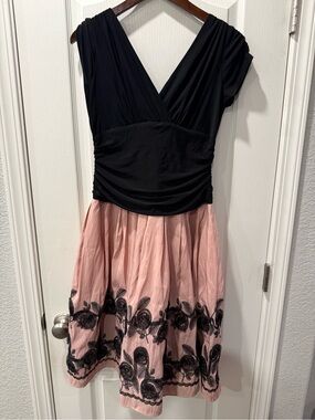 SL Fashions Black & Blush Pink V-Neck A-Line Midi Dress